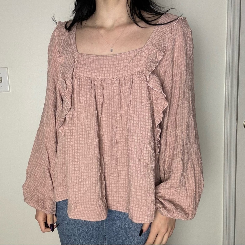 Free People Tan Ruffle Trim Square Neck Blouse XS